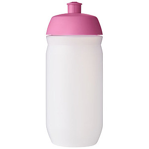 Láhev na pití 500ml, tělo je matně čiré z měkkého plastu, víčko je růžové