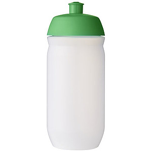 Láhev na pití 500ml, tělo je matně čiré z měkkého plastu, víčko je zelené