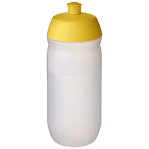 Láhev na pití 500ml, tělo je matně čiré z měkkého plastu, víčko je žluté