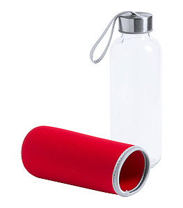 Skleněná láhev na pití, 420ml, červený neoprenový rukáv